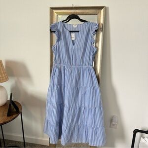 New! J.CREW size 10 Tiered Blue White Striped Midi Ruffle Dress NWT